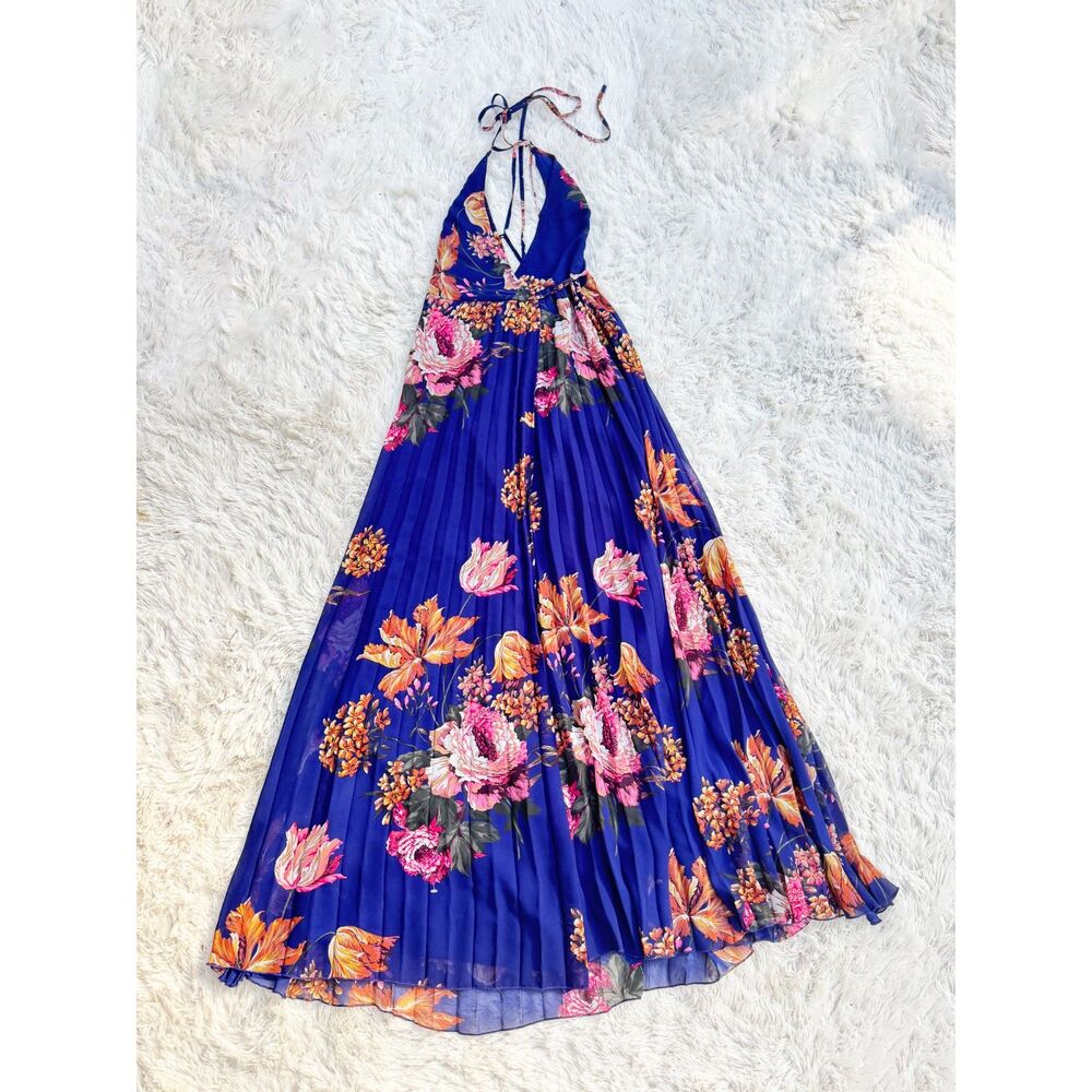 NWOT Asos Design Pleated Halter Plisse Maxi Dress Blue Floral US 4 UK 8